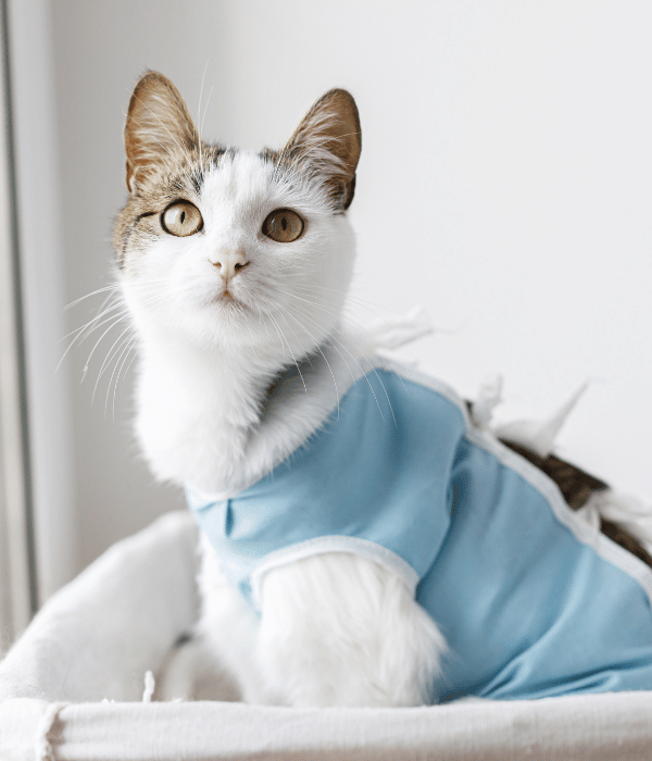 A cat wearing a blue shirt sitting on a bed.